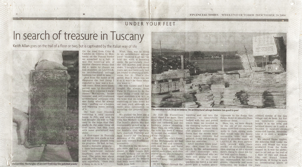 IN CERCA DI TESORI IN TOSCANA. FINANCIAL TIMES.