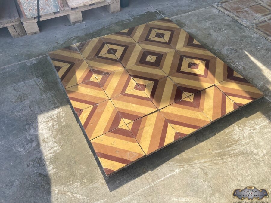 <h2></h2> <h3>Ancient cement tiles dating back to the early 1900s. with a geometric theme</h3>